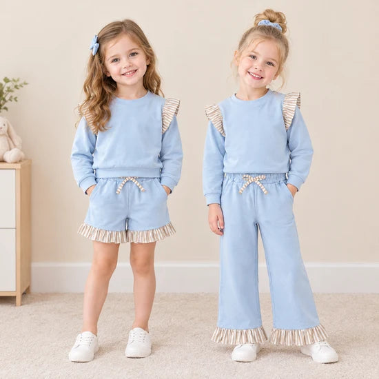 Sibling Kids Girls Light Blue Long Sleeve Top with Pants and Shorts Outfit
