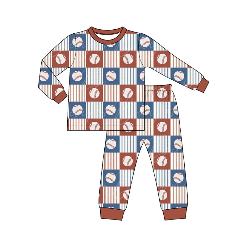 (Custom Design Preorder MOQ 5 Each)Baseball Print Boys Fall Pajamas Clothes Set Brothers Wear