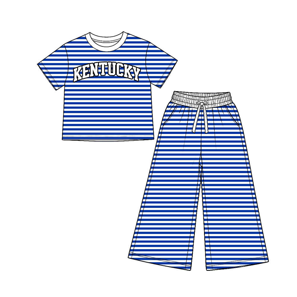 (Custom Design Preorder MOQ 5 Each)Teams Stripes Print Short Sleeve Top Straight Pockets Pants Girls Clothes Set Sisters Wear