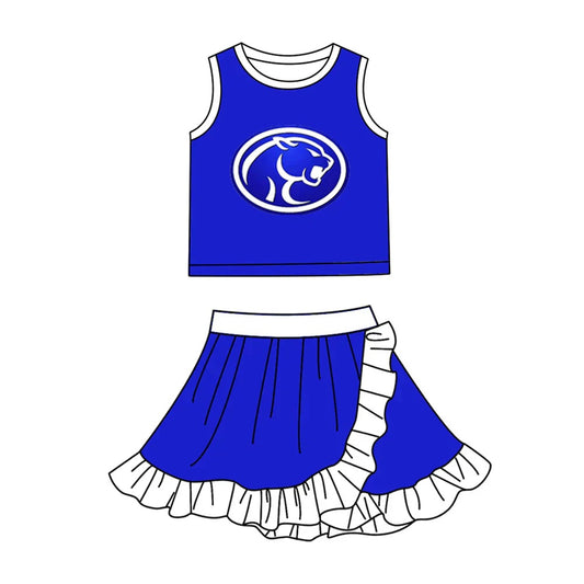 Preorder (moq 5) Girls Panther Mascot Royal Blue White Ruffle Trim Tank Top & Pleated Skirt Game Day Cheer Outfit Set