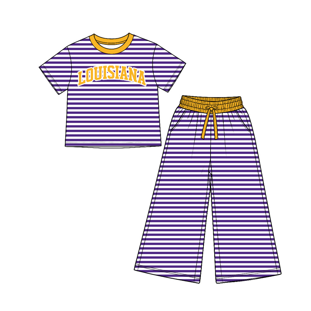 (Custom Design Preorder MOQ 5 Each)Teams Stripes Print Short Sleeve Top Straight Pockets Pants Girls Clothes Set Sisters Wear