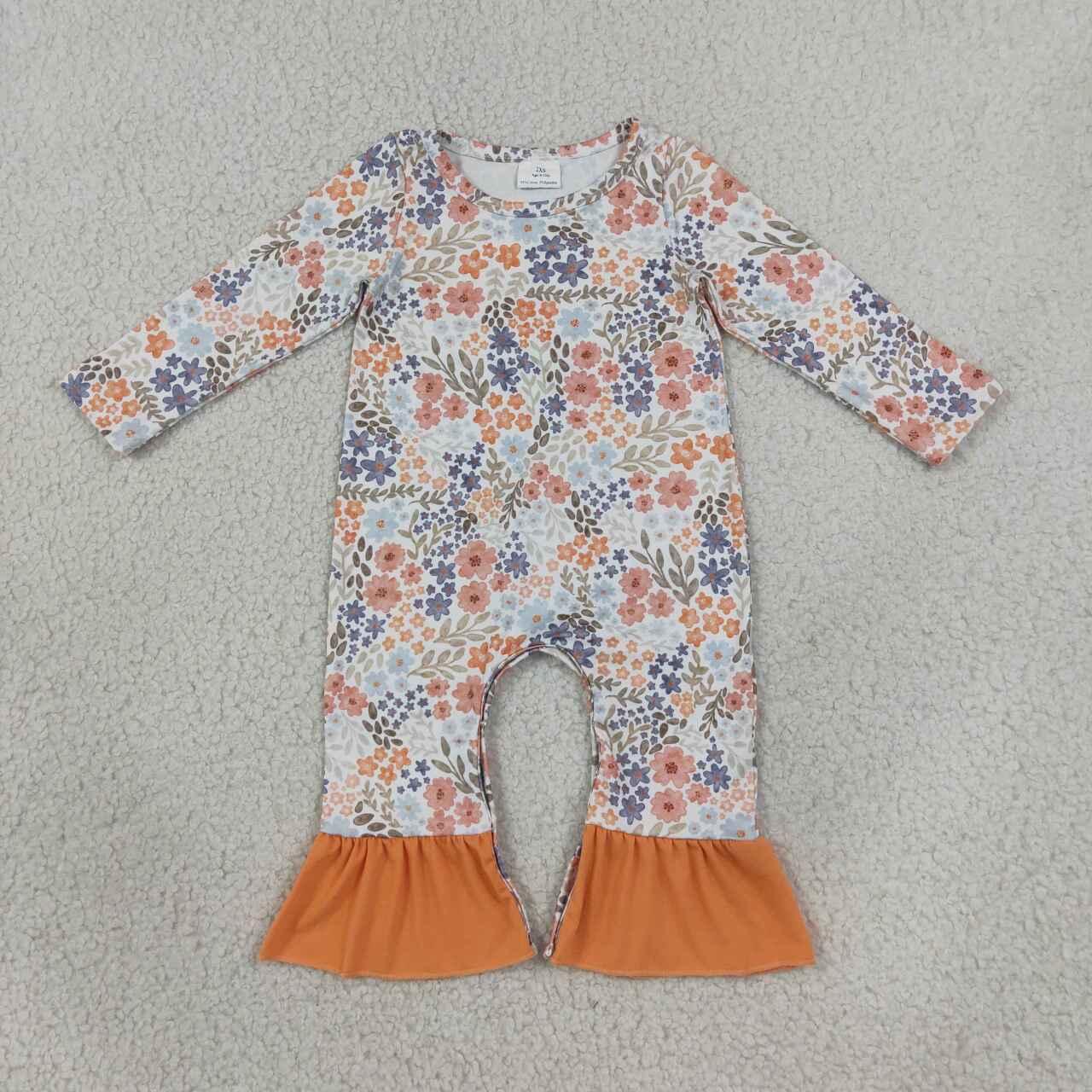 LR3027 Orange Navy Flowers Print Baby Girls Long Sleeve Romper With Ruffle