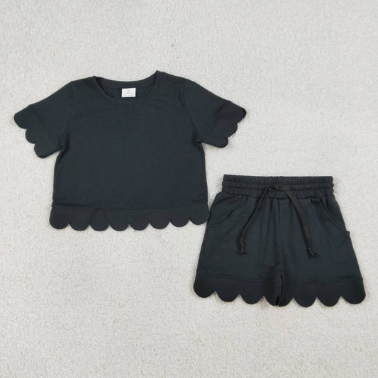GSSO3172 Baby Girls Black Solid Color Cotton Summer Scalloped Sets
