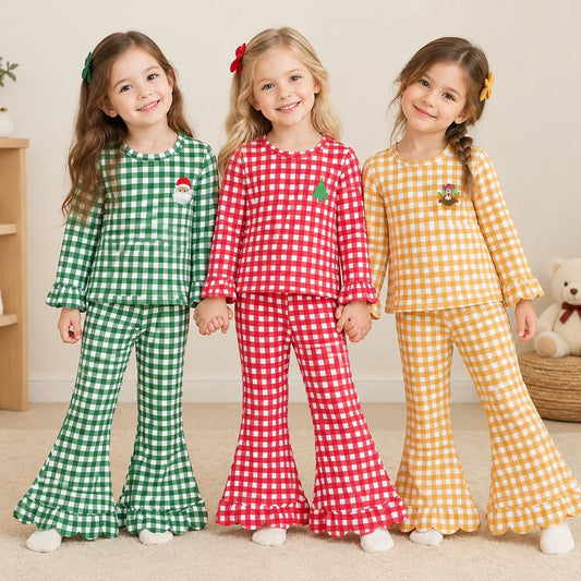 Sibling Kids Girls Red Blue Gingham Embroidery Santa Tree Turkey Scallop Christmas Outfit