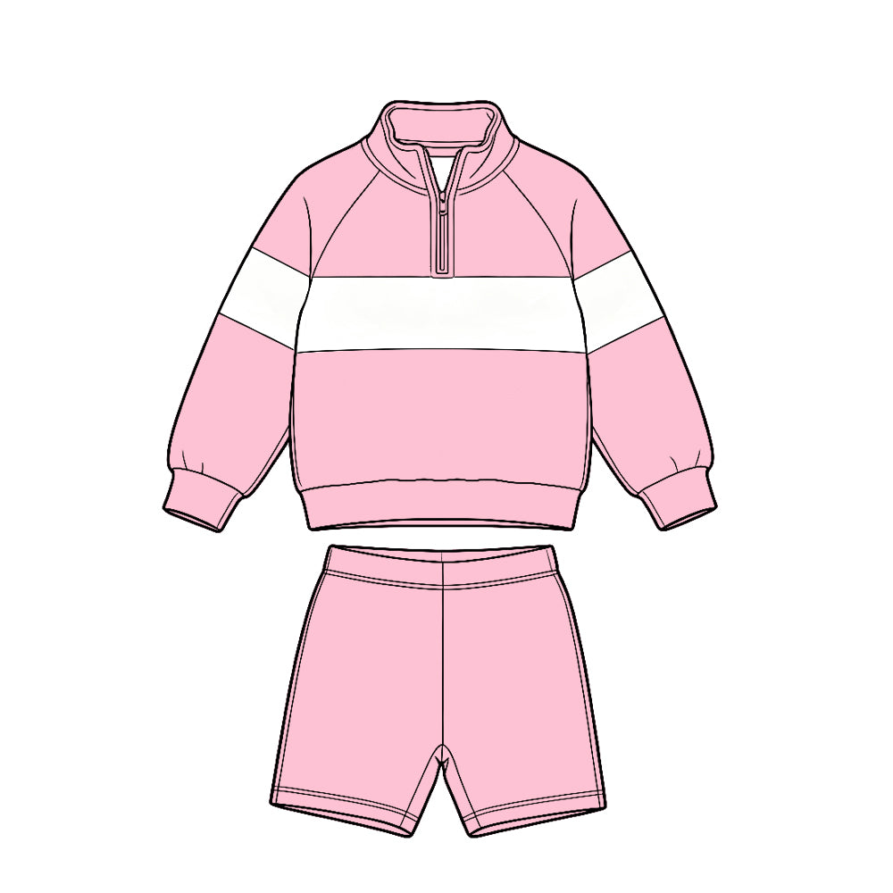 (Custom Design Preorder MOQ 5 Each)Solid Color Block Half Zip Sweatshirt and Pockets Shorts Matching Set for Toddler Boys & Girls -Sibling Wear