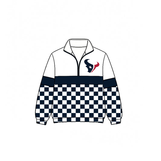 (Custom Design Preorder MOQ 5)  Teams Houston Texans Plaid Print Kids & Adult Long Sleeve Zipper Pullover Jacket