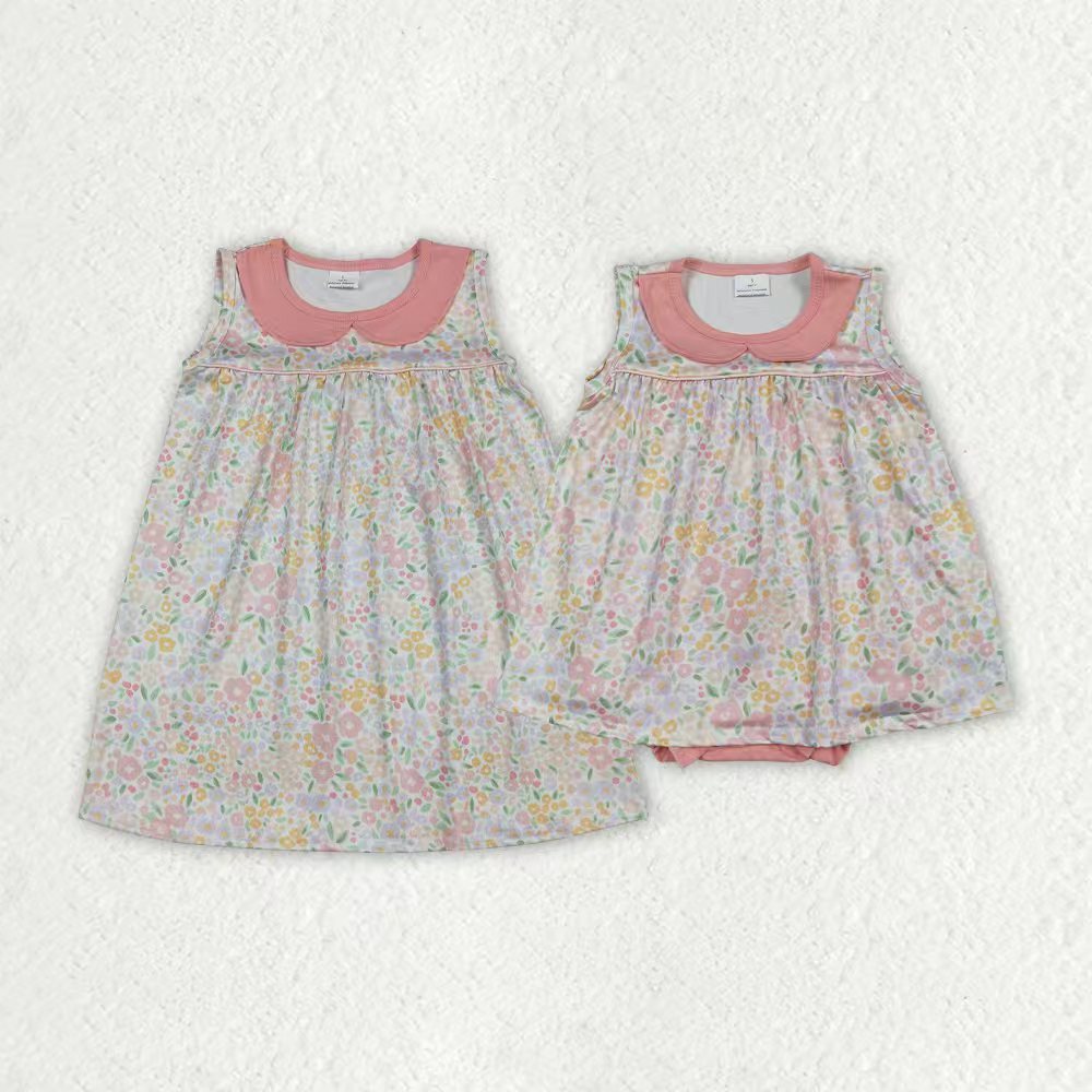 Sibling Baby Girls Sleeveless Peach Flowers Collar Knee Length Dress Tunic Ruffle Rompers