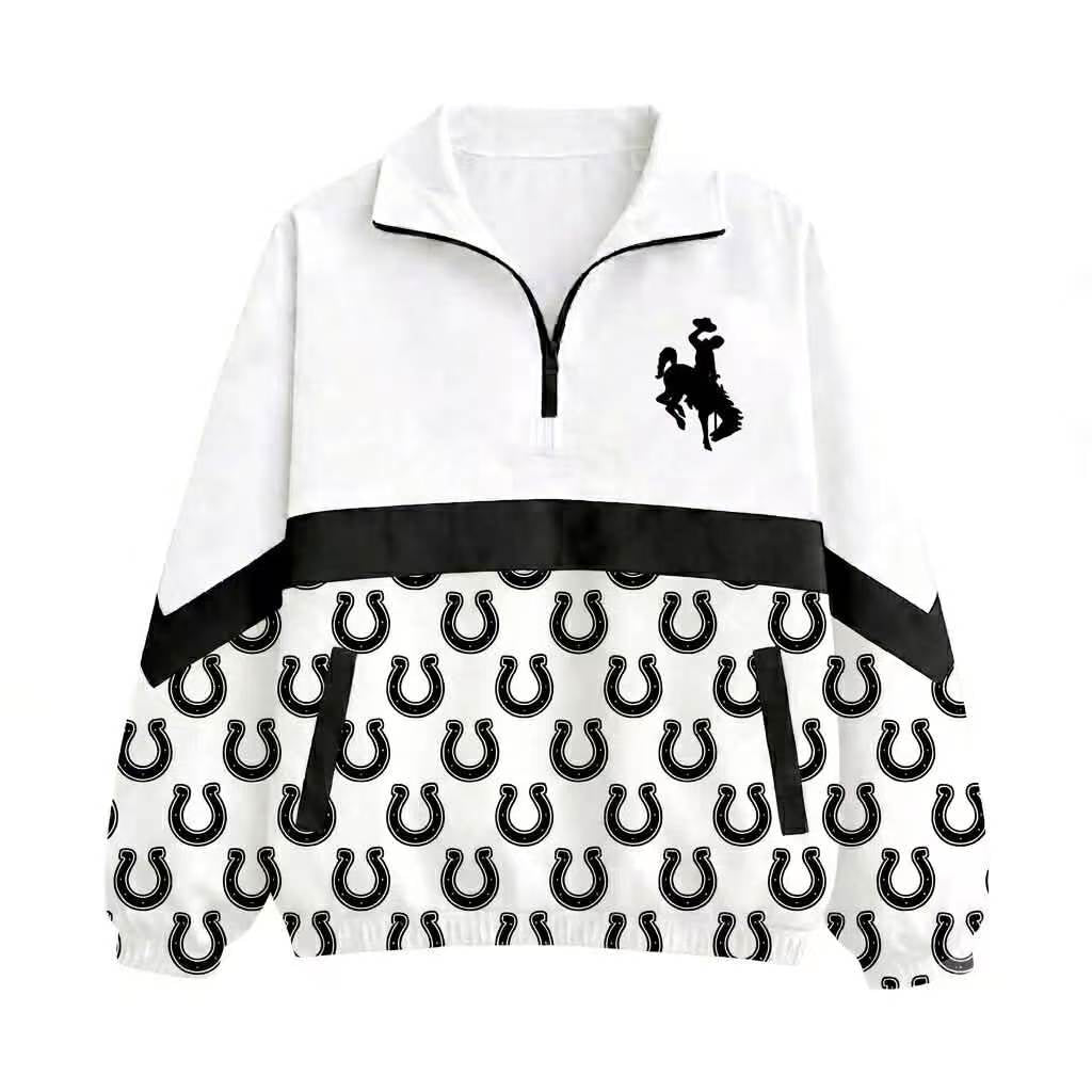 (Custom Design Preorder MOQ 5) Western Horseshoe Cowboy Color Block Quarter Zip Pullover Sweatshirt