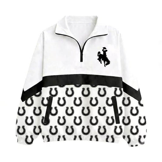 (Custom Design Preorder MOQ 5) Western Horseshoe Cowboy Color Block Quarter Zip Pullover Sweatshirt