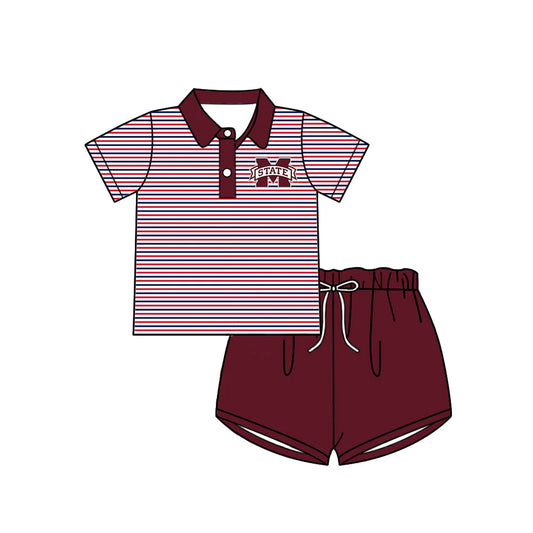 (Custom Design Preorder MOQ 5) Baby Girls Red Stripe M State Button Polo Top Shorts Team Clothes Sets
