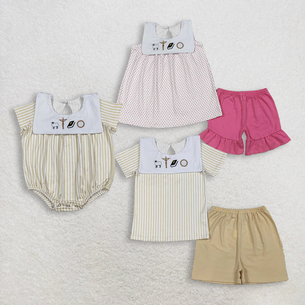 Baby Girls Boys Sibling Easter  Embroidery Seep Cross Outfit Romper