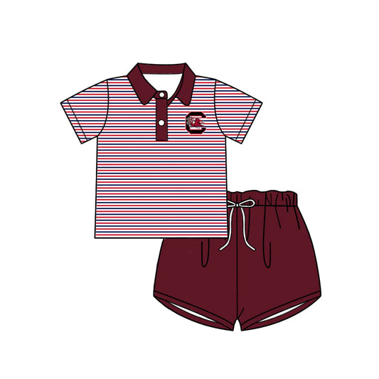 (Custom Design Preorder MOQ 5) Baby Girls Red Stripe South Carolina Button Polo Top Shorts Team Clothes Sets