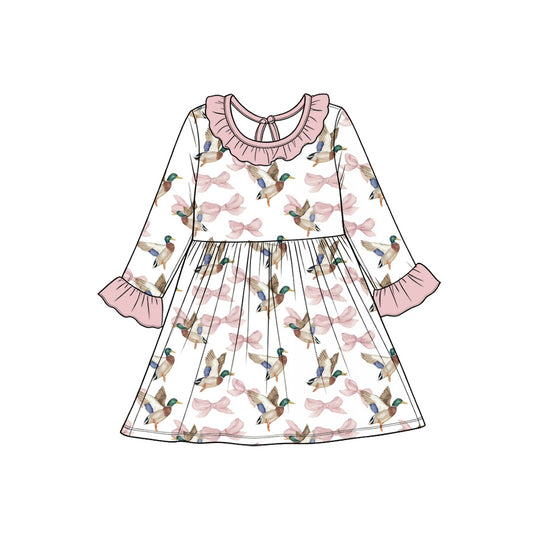 (Custom Design Preorder MOQ 5)  Mallard Duck Bows Print Girls Fall Ruffle Dress