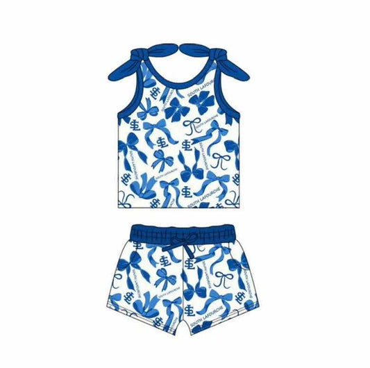 (Custom Design Preorder MOQ 5) Baby Girls Blue Camo SL Back Bow Top Skirt Shorts Team Clothes Sets