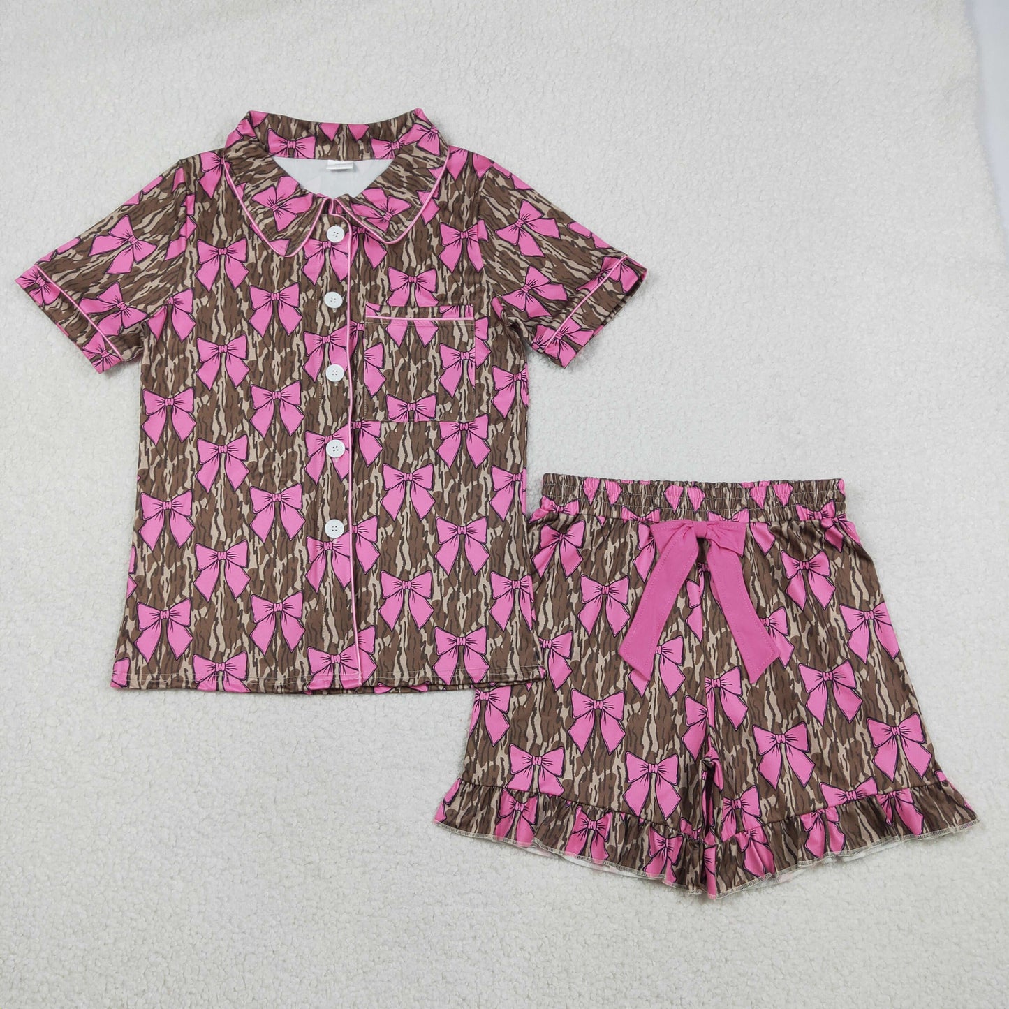 Sibling Family Adult Women Pajamas Sets Baby Girls Smocked Bows Olive Camo Dress Ruffle Romper Flare Pant