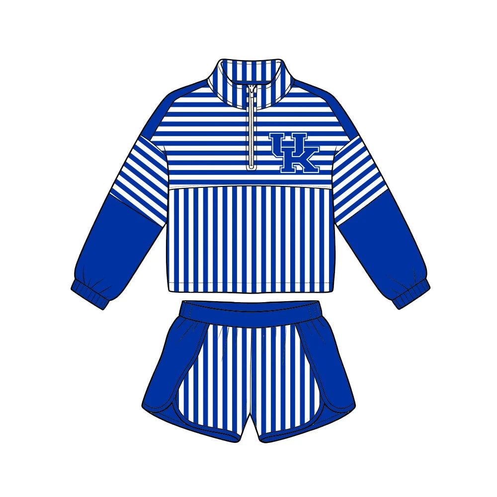 (Custom Design Preorder MOQ 5) Baby Girls Blue Stripe Kentucky Zip Pullovers Short Team Clothes Set