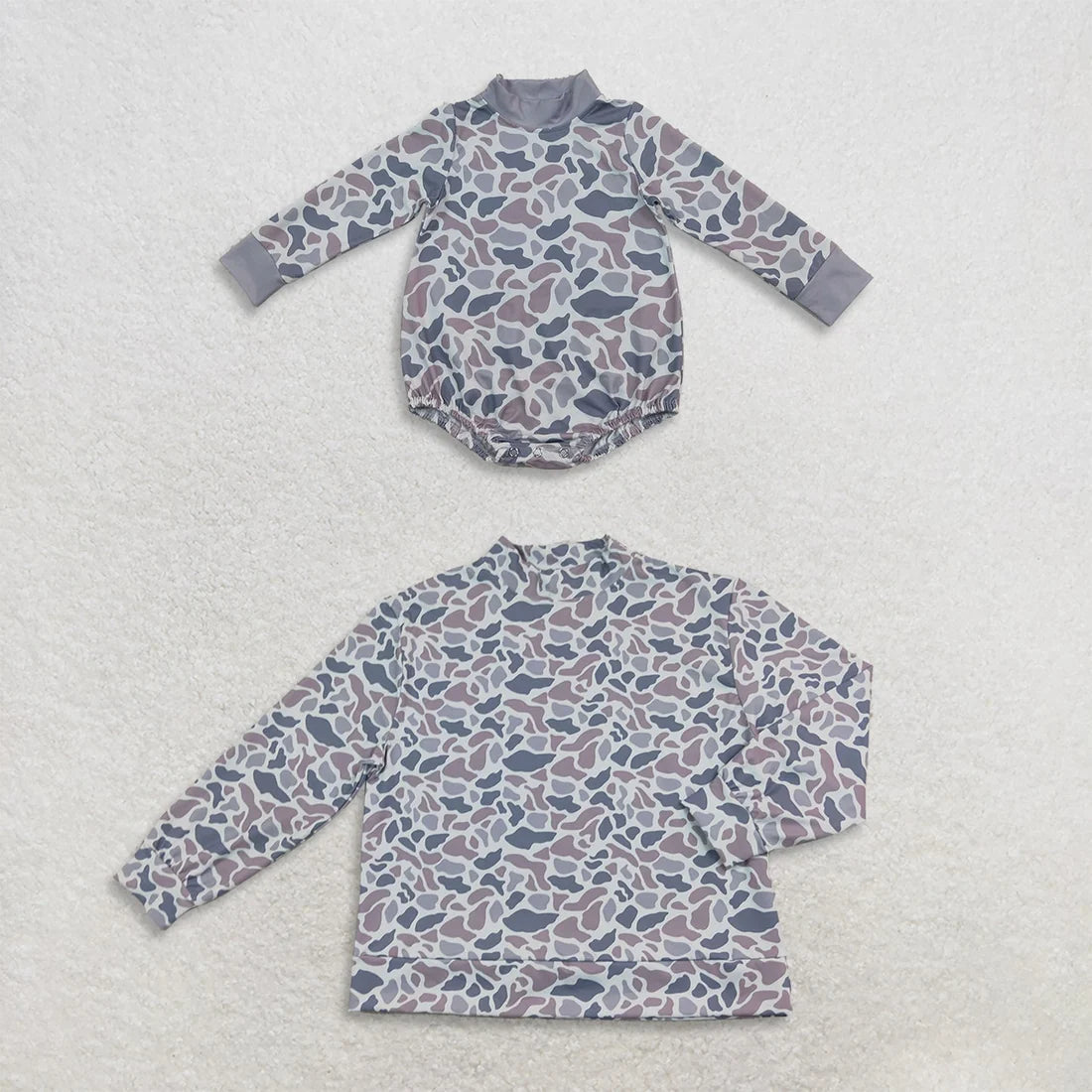 Mama and Me Long Sleeve Grey Camo Choker Top and Romper