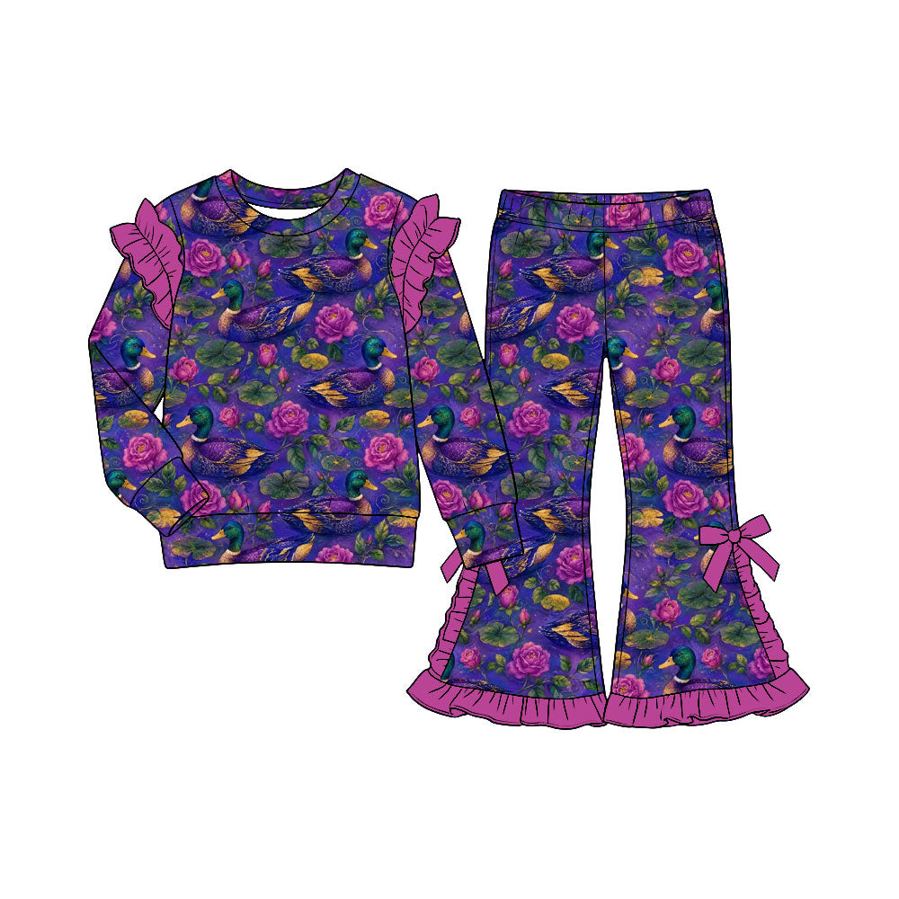 (Custom Design Preorder MOQ 5) Mallard Duck Flowers Print Girls Fall Ruffles Clothes Set