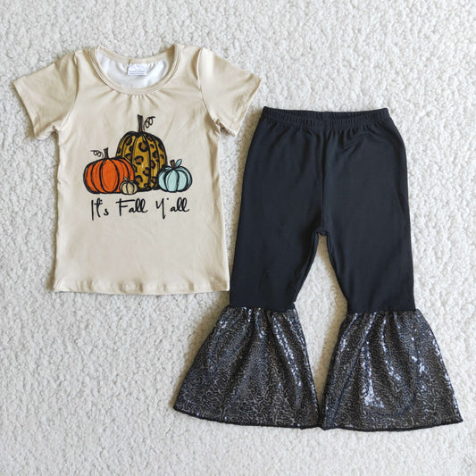 A0-11 It's Fall Y'all Pumpkin Top Sequin Bell Pants Girls Clothes Set