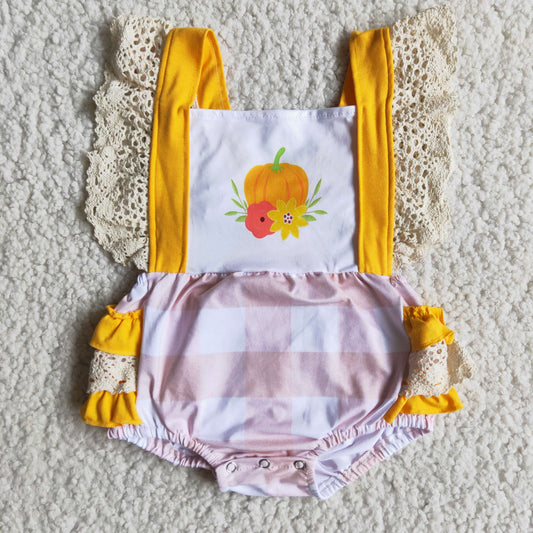A0-13 Fall Pumpkin Flowers Baby Girls Ruffles Bubble Strap Romper