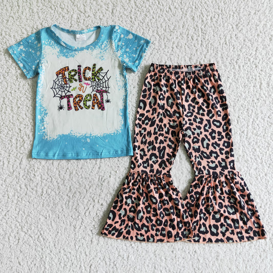 (Promotion)A0-24 Trick is Trent Blue Top Leopard Bell Pants Girls Halloween Clothes Set