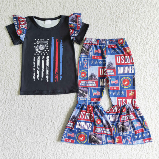 A1-21 USMC MARINES Flag Girls Bell Pants Clothes Set
