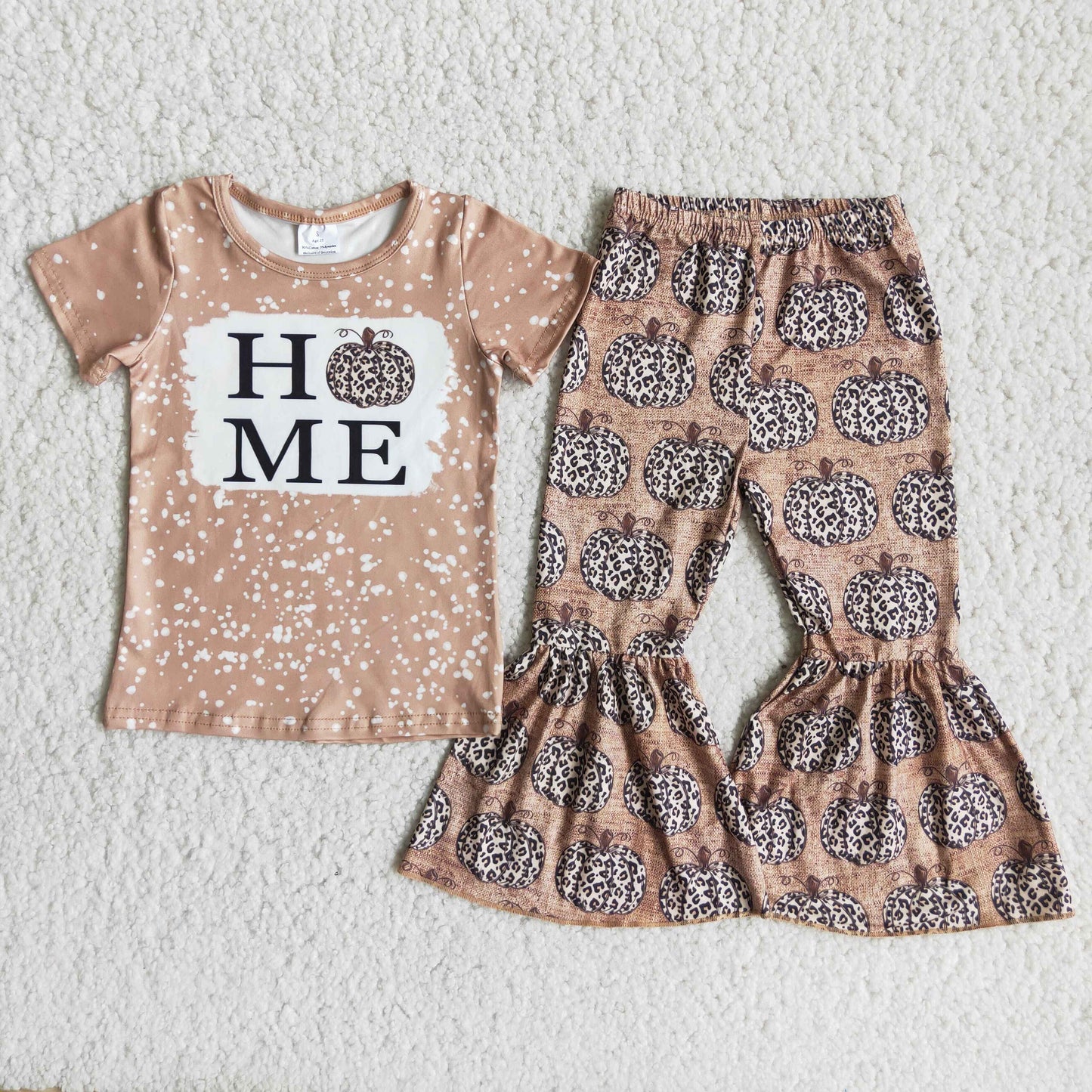 A10-13 HOME Pumpkin Top Leopard Bell Pants Girls Fall Clothes Set