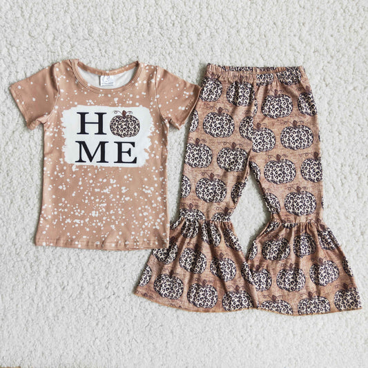 A10-13 HOME Pumpkin Top Leopard Bell Pants Girls Fall Clothes Set