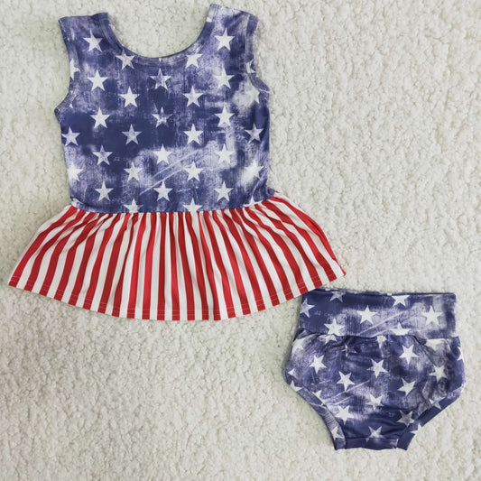 (Promotion) A12-12 Stars Stripes Print Baby Girls 4th of July Bummie Set