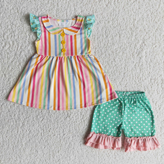 (Promotion)A15-9 Stripes Tunic Top Dots Shorts Girls Summer Clothes Set