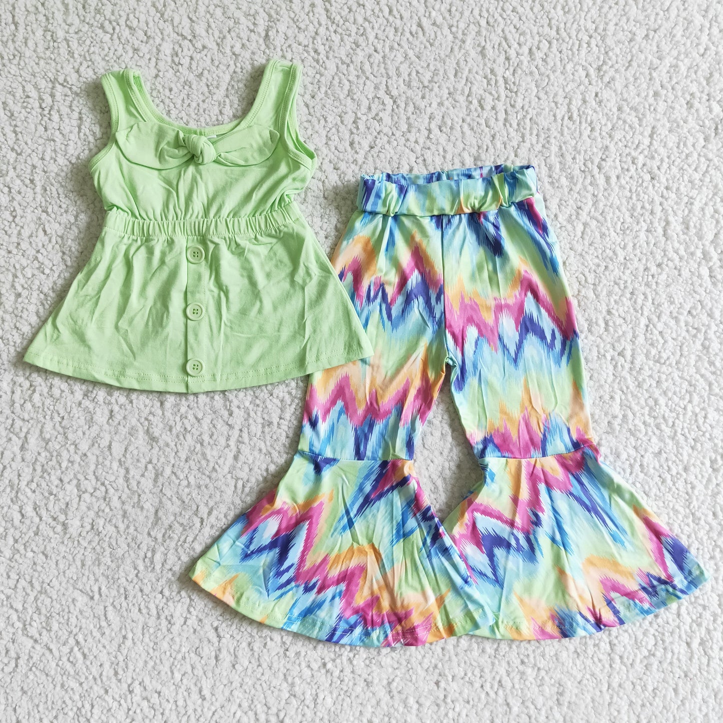 (Promotion)Sleeveless Green Tunic Top Tie-dye Bell Pants Girls Outfits    A17-23