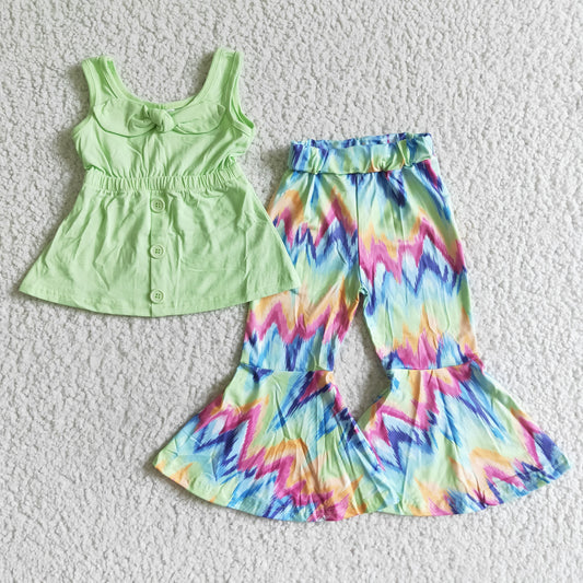 (Promotion)Sleeveless Green Tunic Top Tie-dye Bell Pants Girls Outfits    A17-23