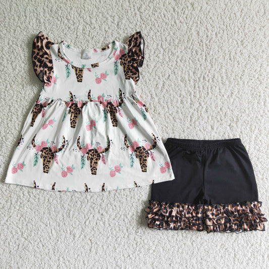 (Promotion)A18-1 Cow Skull Leopard Flowers Top Ruffles Shorts Girls Summer Outfits