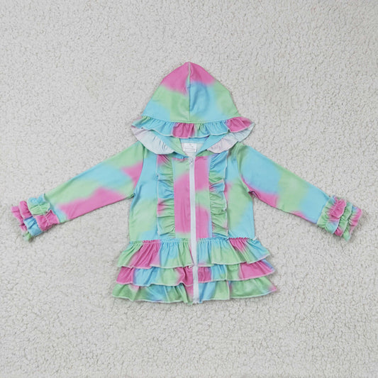 A23-16 Tie-dye Print Girls Ruffle Zipper Hoodie Jacket Top