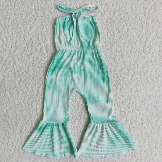 A7-24 Aqua Tie-dye Print Girls Summer Ribbed Jumpsuits