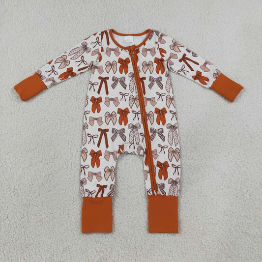 LR3158 Brown Bows Print Baby Girls Long Sleeve Zipper Sleeper Romper