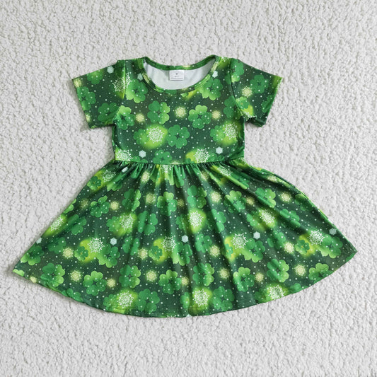 (Promotion)A8-10 Green Leaf Print Girls Short Sleeve St. Patrick's Day Dnee Length Dress