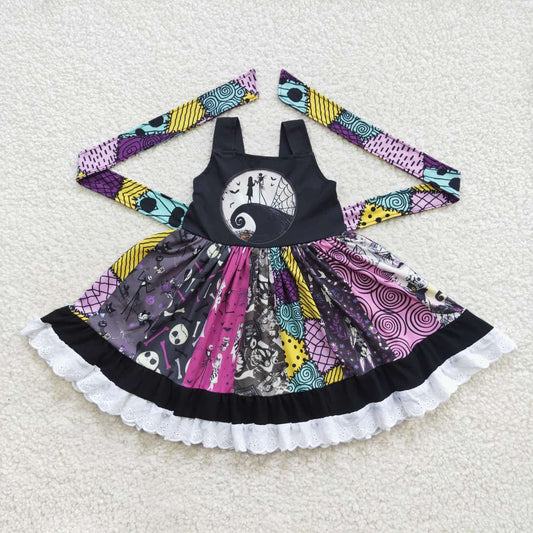 A8-14 Nightmar* Print Girls Halloween Knee Length Twirl Dress