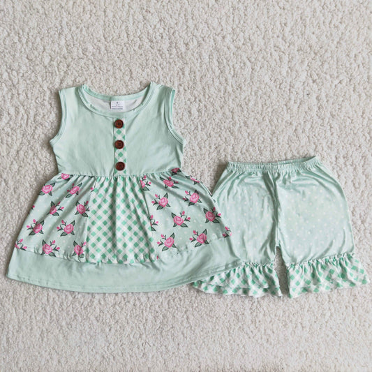 (Promotion)Flowers Green Patchwork Tunic Top Dots Shorts Girls Summer Outfits  A8-16