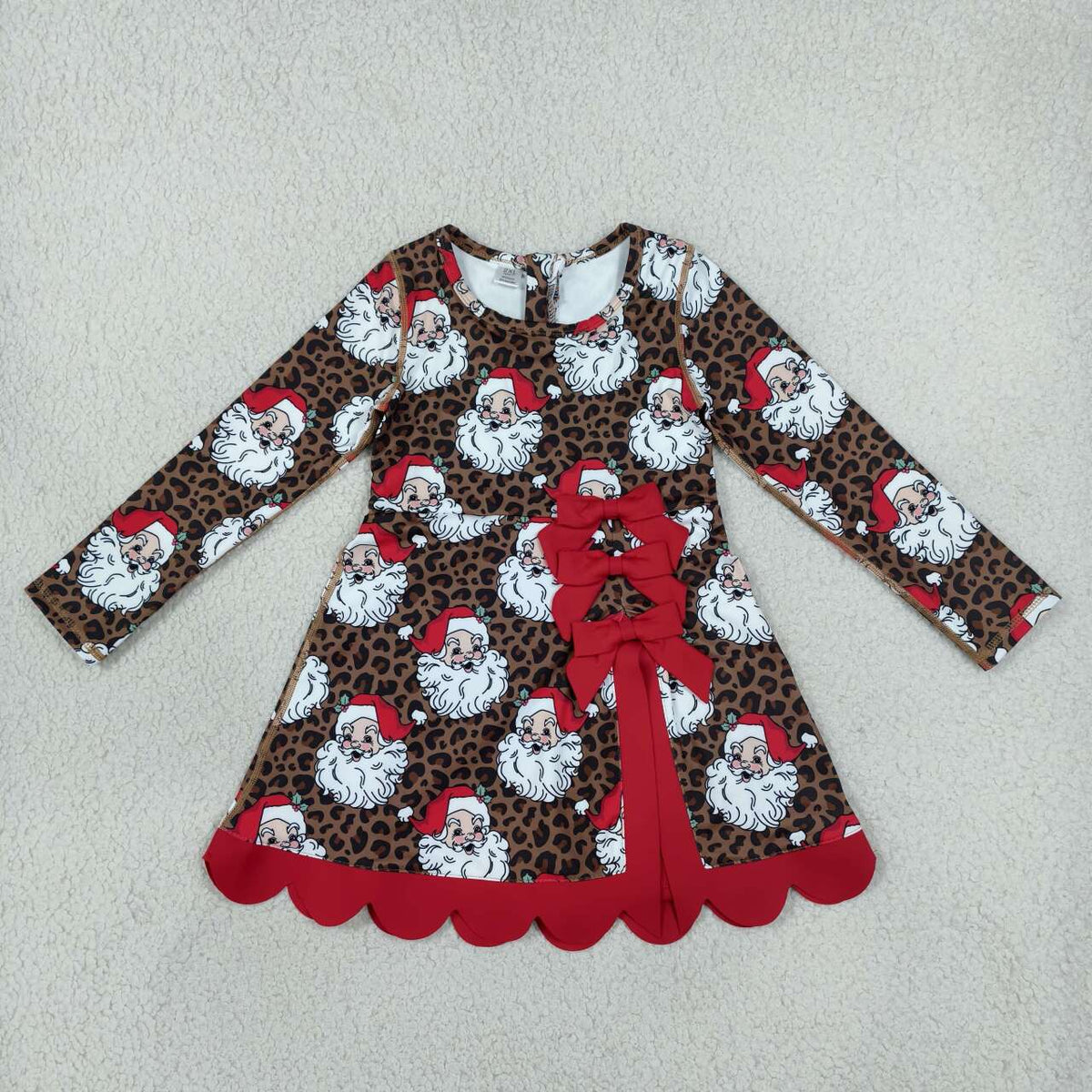 GLD1679 Santa Leopard Print Girls Christmas Long Sleeve Bows Active Dress