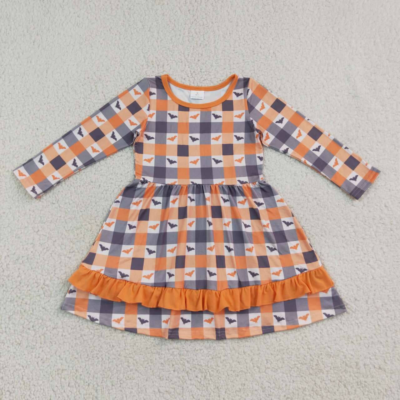 GLD1707 Bat Checkered Print Girls Halloween Ruffle Dress