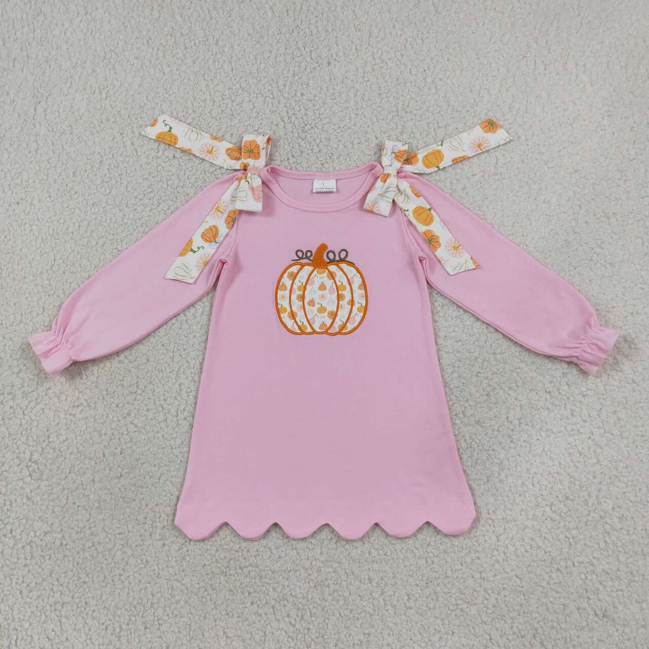 GLD1642 Pumpkin Embroidery Pink Girls Fall Scallop Edge Knee Length Dress
