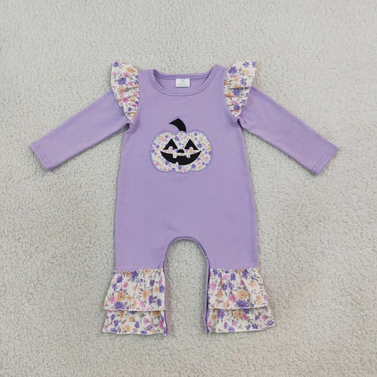 LR3221 Pumpkin Embroidery Floral Purple Baby Girls Halloween Ruffle Romper