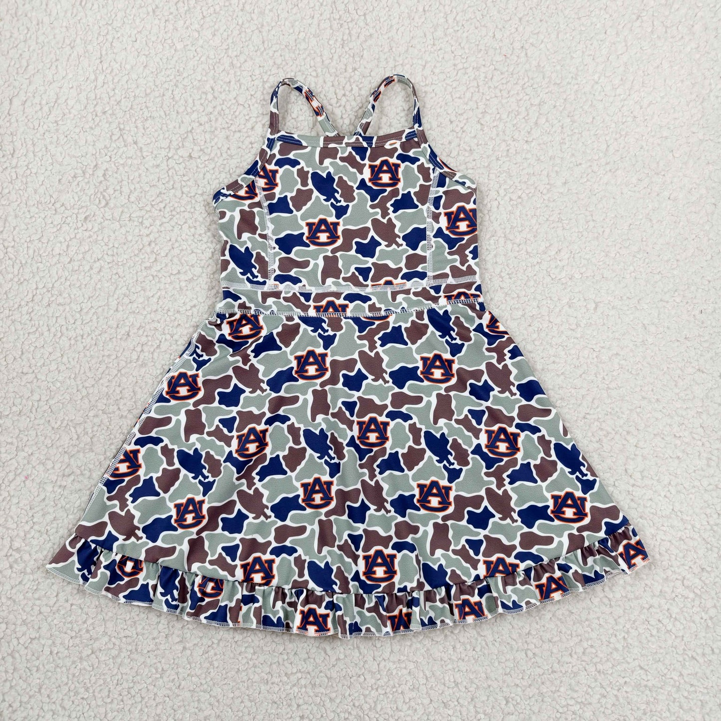 GSD3588 Teams Auburn Camo Print Girls Summer Strap Shorts Ruffle Knee Length Yoga Dress