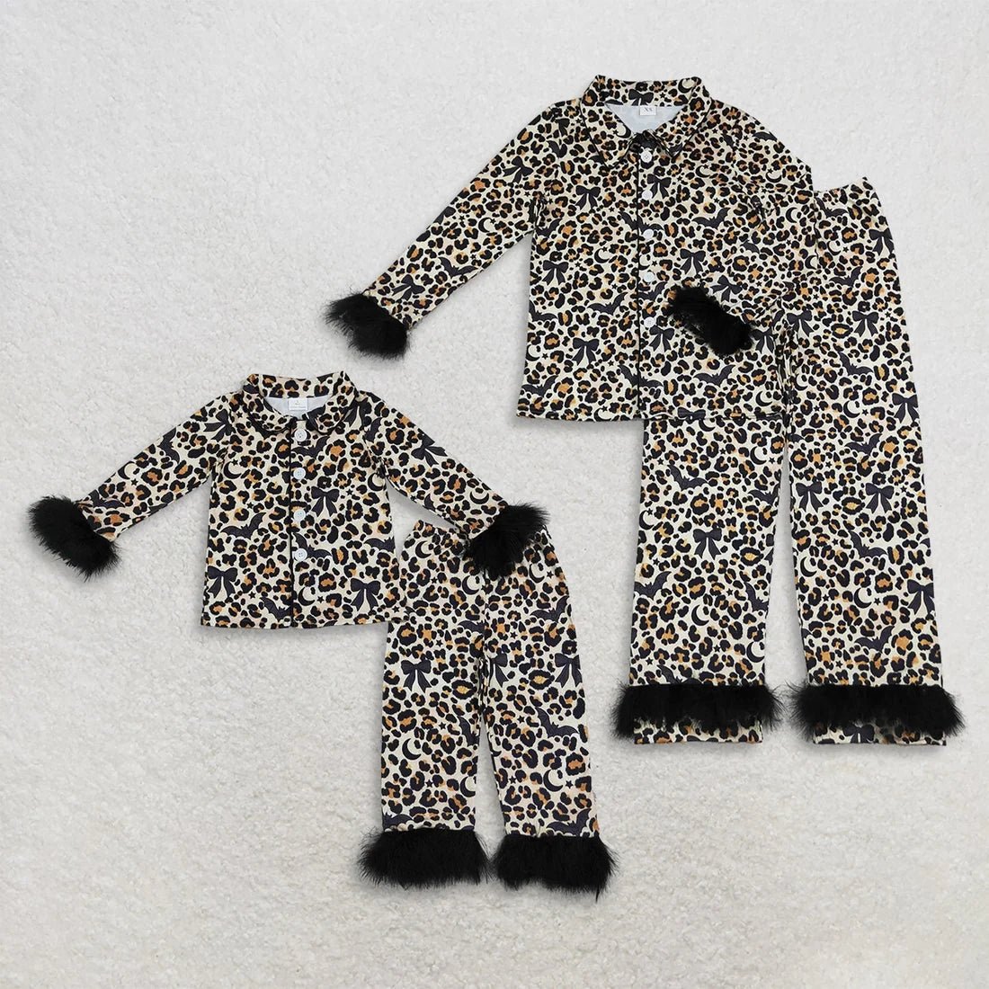 Mommy and Me Halloween Leopard Bats Button Long Sleeve Pajama Set with Fur