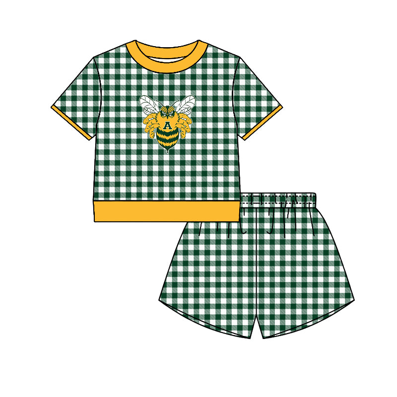 (Custom Design Preorder MOQ 5) Teams Academy Bee Top Green Checkerd Shorts Mommy and Me Summer Yoga Clothes Set