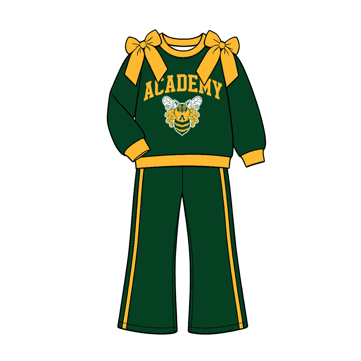 (Custom Design Preorder MOQ 5) Teams Academy Bee Yellow Bows Top Green Pockets Pants Girls Clothes Set