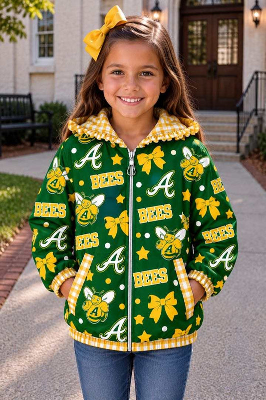 (Custom Design Preorder MOQ 5) Teams Academy Bees A Bows Stars Print Girls Pockets Zipper Ruffle Hoodie Yoga Jacket Top