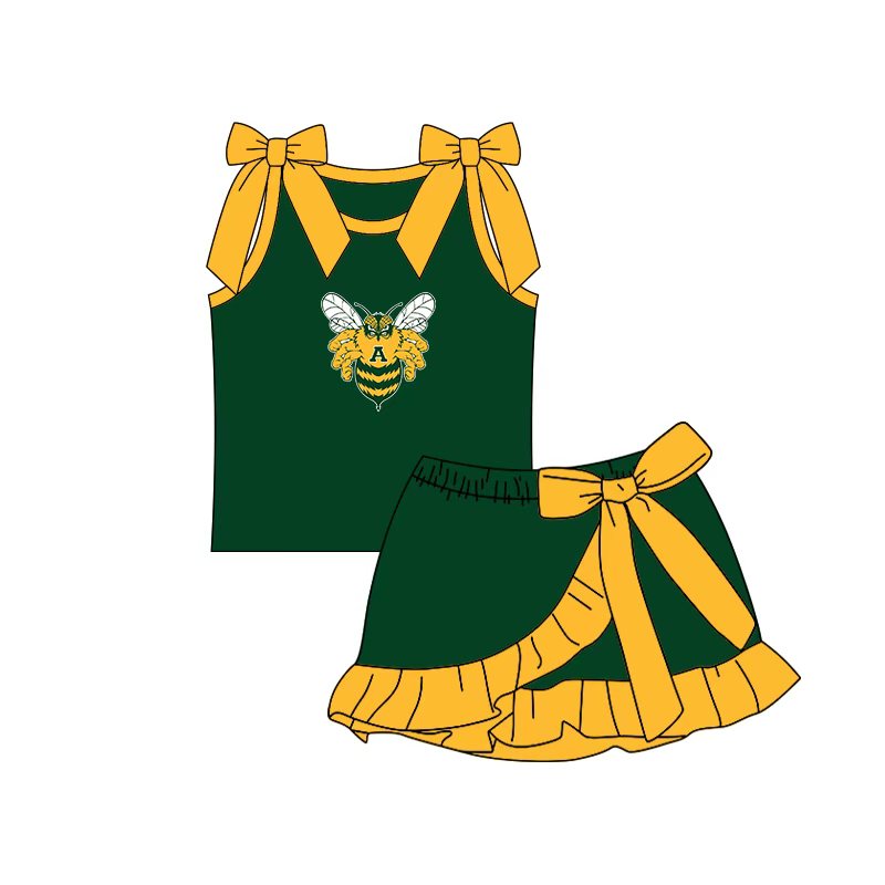 (Custom Design Preorder MOQ 5) Teams Academy Bees Bows Top Ruffle Skort Girls Summer Clothes Set