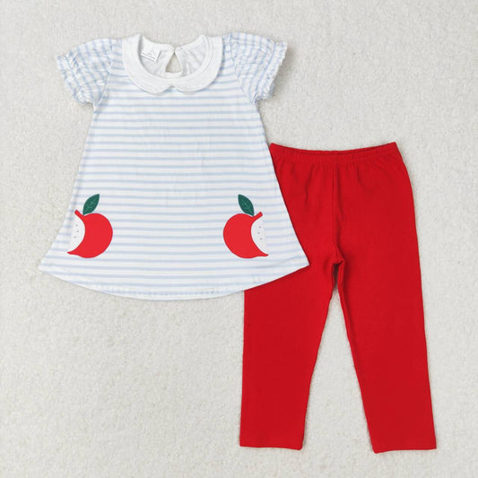 GSPO1446  Apple Blue Stripes Doll Collar Top Red Legging Pants Girls Back to School Clothes Set